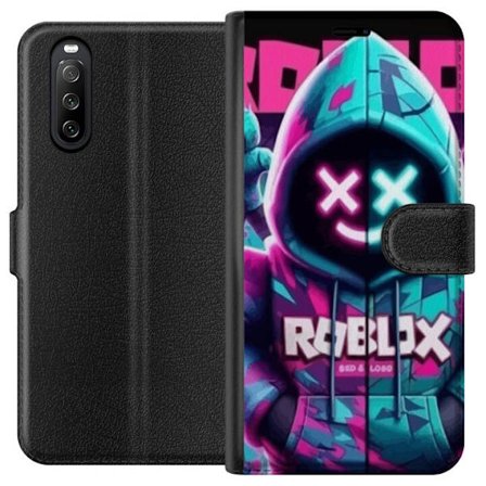 Yhteensopiva Lompakkokotelo Sony Xperia 10 III Roblox neonhuppari hahmokuva, missä on naamioitu hahmo sinisessä ja vaaleanpunaisessa neonväreissä, jot