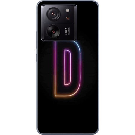 Yhteensopiva Puhelinkuori Xiaomi Xiaomi 13T Pro Minimalistinen neonkirjain D väriä vaihtavassa valossa mustaa taustaa vasten modernissa digitaalises