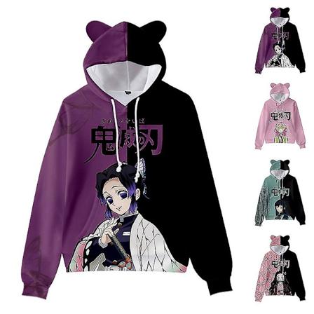 Unisex Demon Slayer trykte hettegenser Casual Pullover Katteører Hettejumper Toppar Lilla Purple L