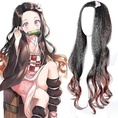 Halloween joulu Demon Slayer Anime Kamado Nezuko Cosplay peruukki puku naiset pitkä kihara aaltoileva musta gradientti tumma oranssi luonnonhiukset 
