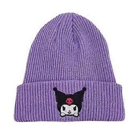 Kawaii Anime Tegneserie Melody Kuromi Cinnamoroll Hue til Mænd Kvinder Broderet Vinter Varmere Skull Ski Strikket Slouchy Hue (Kuromi Lilla)