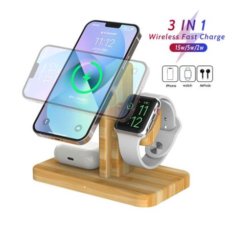 Tre-i-én Bambus Trådløs Opladning 15W Skrivebords Mobiltelefon Stativ Multifunktionel Magnetisk Trådløs Oplader til Apple