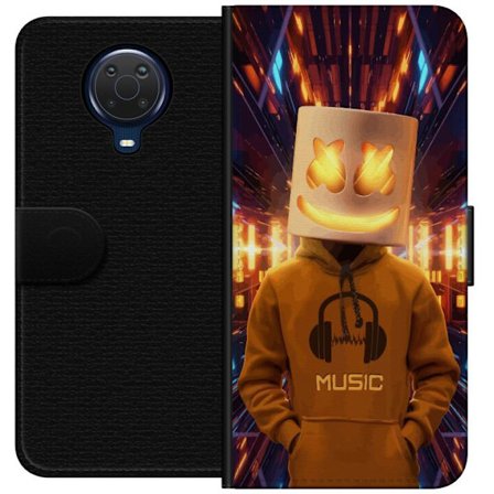 Yhteensopiva Lompakkokotelo Nokia Nokia G20 DJ-hahmo valaisevassa kypärässä ja hupparissa futuristisessa musiikkiympäristössä neonvalojen keskel