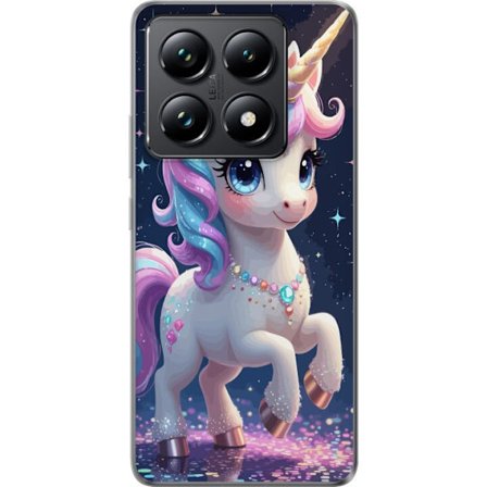 Kompatibelt Mobilskal till Xiaomi Xiaomi 14T Söt enhörning med stora ögon, pastellfärgad man och glittrande smycken i sagolik nattmiljö, lekfull