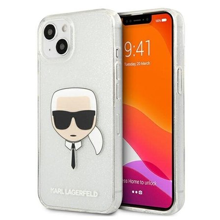 Karl Lagerfeld Glitter Karl's Head tapauksessa iPhone 13 mini - hopea