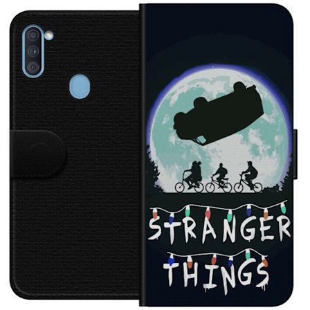 Yhteensopiva Lompakkokotelo Samsung Samsung Galaxy A11 Stranger Things juliste, jossa pyöräileviä lapsia ja leijuva auto kohti täysikuuta ikoninen