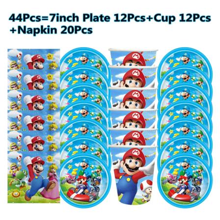 Marioed Super Bros Barnfödelsedagsfest Dekoration Festtillbehör Tillbehör Tallrik Kopp Servett Bordsduk Baby Shower Present Set 1-44Pcs