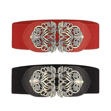 Dame Elastisk Bredt Belte 2 stk Retro Stretch Midje Belte, Svart Rød