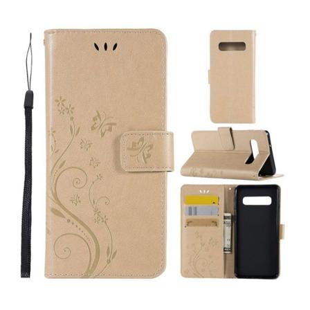 Samsung Galaxy S10 Läderfodral Med Elefant Avtryck - Guld