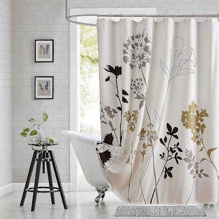 Blomstret Bruseforhæng i Stof, Beige Brun Grå Botanisk Bruseforhæng til Badeværelse, Vandtæt Bruseforhæng, 183 cm Bred x 183 cm Høj