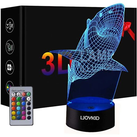 Haj 3D Lampor - Optisk Illusion 7 Färger Touch Bordsskiva med Fjärrkontroll Haj Presenter för Barn (Haj)