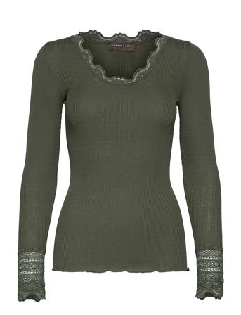 Silk T-Shirt W/ Lace T-shirts & Tops Long-sleeved Grønn Rosemunde*Betinget Tilbud