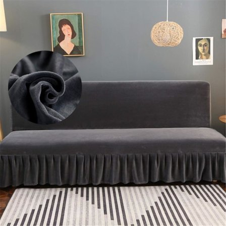Armløs fløyel svart futon-trekk med volangskjørt, svært elastisk futon-sofatrekk uten armlener, flekkbestandig, maskinvaskbar, liten grå, M
