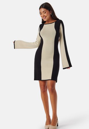 Bubbleroom - Long Sleeve Knitted Dress - Cream/Black - Kläder
