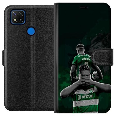 Yhteensopiva Lompakkokotelo Xiaomi Redmi 9C Neonmotiivi, jossa teksti "Gaming is in my DNA" sinisenä ja punaisena tiiliseinällä, jossa loistava DNA-sp