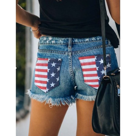 Dame Ripped American Flag Printede Denim Shorts Højtaljede Flossede Rå H