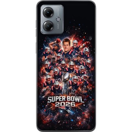 Yhteensopiva Puhelinkuori Motorola Moto G14 Super Bowl 2026 juliste, jossa New England Patriots ja NFL-mestaruuspalkinto räjähtävän urheilullisessa su