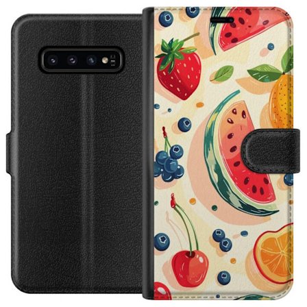 Kompatibel Tegnebogsetui til Samsung Galaxy S10 Legesyg frugtillustration med vandmelon, citrus, jordbær, kirsebær og bær