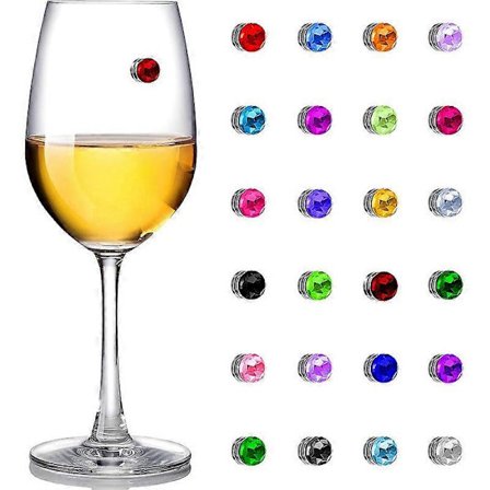 24 Stykker Vinglass-Sjarmer Krystall Magnetiske Drikke-Markører for Vinglass Champagne-Fløyter Cocktails Martinis, Fargerike