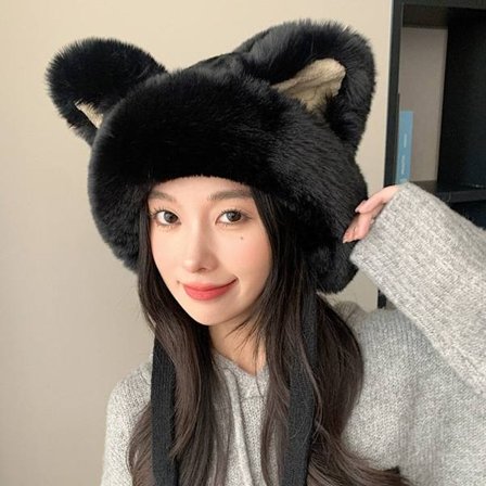 Faux Fur Beanies Hat Katteøre strikket kasket SORT