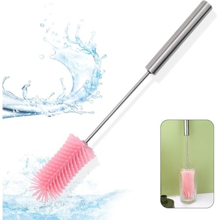 x Rosa Flaskebørste - Silikon - Langt Håndtak - Lengde: 37 cm - Roterende Funksjon kompatibel med Dyp Rengjøring - Vannflaske, Glass og Melkeflaske