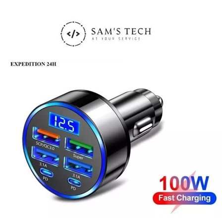 6-Portars Billaddare för Cigarettändare 4 USB + 2 PD Display Snabbladdning