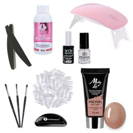 11 stk Acrylic Gel - Poly Builder Gel Kit med Led lampe - Lys brun