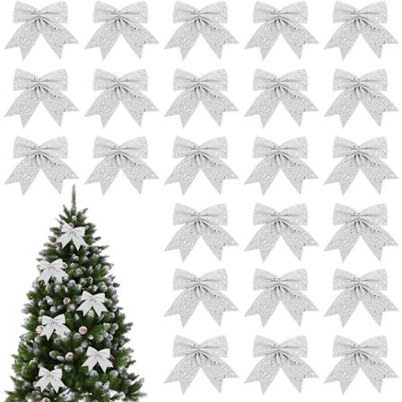24 Stykker Glitter Julebuer, Julebåndbuer, til Julekranser, Juledekorasjoner (Sølv)