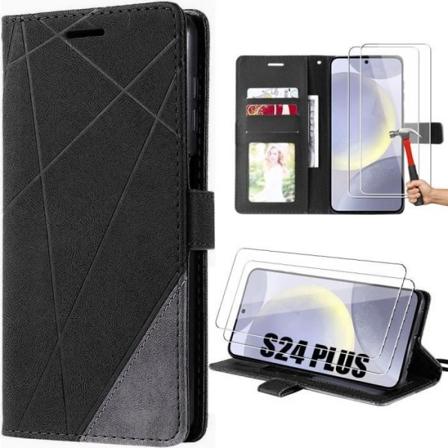 Etui til Samsung Galaxy S24 Plus (S24+) med 2 hærdede briller, pung med fuld lædereffekt sort