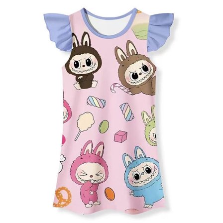 Pige Tegneserie Kjole Flæseærmer Børn Rund Hals Fødselsdagsfest Tøj