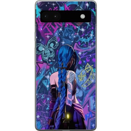 Kompatibelt Mobilskal till Google Google Pixel 6a Färgstark graffitiillustration med blåhårig karaktär i urban neonstil och kreativt kaos