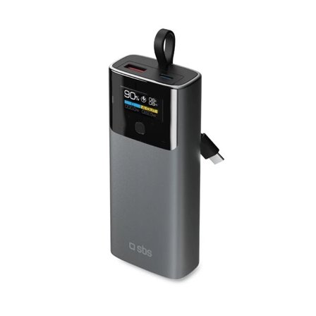 SBS 10000mAh PD 20W Powerbank med LCD-skjerm og innebygd USB-C-kabel - grå