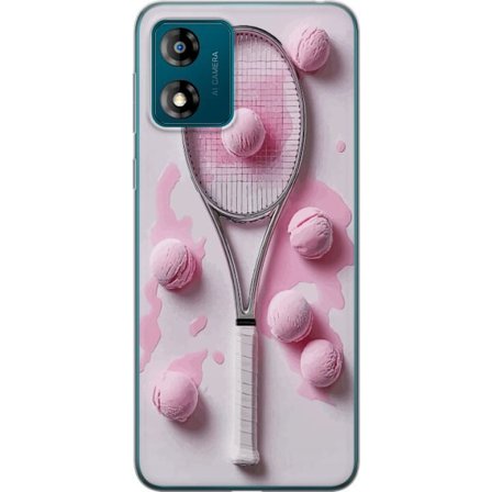 Kompatibel Mobilcover til Motorola Motorola Moto E13 Rosa glaskugler og tennisketsjer i et kreativt stillbillede med legende popfølelse og moderne de