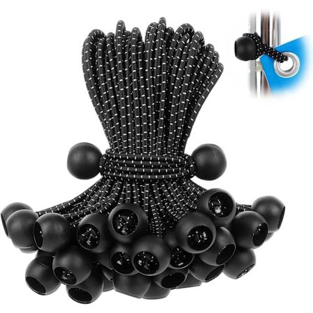 50-pack Bungeebollar, Svart Snöre för Presenning, UV-beständig, med Elastisk Snöre för Presenning, Remmar, Tält, Stolpar och Vajrar
