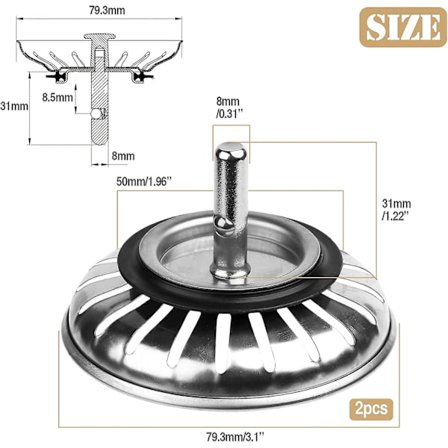 Rostfritt Stål Diskhonssil Plug: 2-pack Avloppsplugg Korg Sil (Plugg Dia-79.3mm)