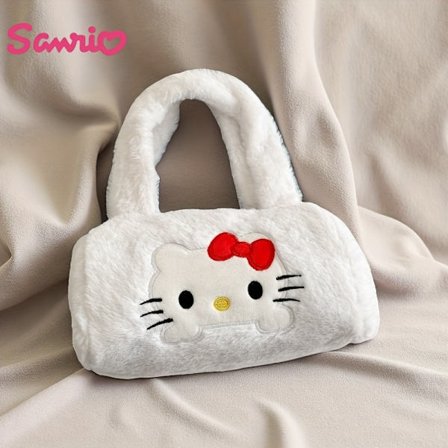 Sanrio Hello Kitty Dame Plush Håndveske - Søtt Tegneseriedesign med Rød Sløyfe, Glidelåslukking, Fôr, Perfekt for Daglig Bruk, Sminke, Leppestift