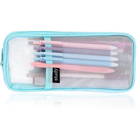 Mesh Penalhus Stor Kapacitet Penalhus Gennemsigtig Makeup Taske Kosmetik Taske til Studerende Skole College Kontor Blå