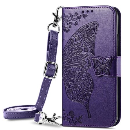 Etui til iPhone 14 Pro Max mørkelilla læder crossbody talje skulder lang snor pung