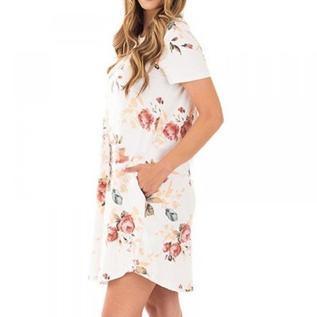 Klänningar Lös Bekväm Swing Sundress med Ficka (Vit XXL)