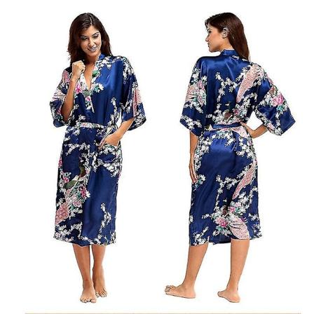 Lyxig sidenkimono i satin - Dam lång badrock för nattkläder och sovkläder M Mörkblå