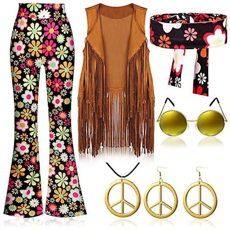 70-talls Hippie Party Retro Kostyme Dusk Vest+bukser+skjerf Dress