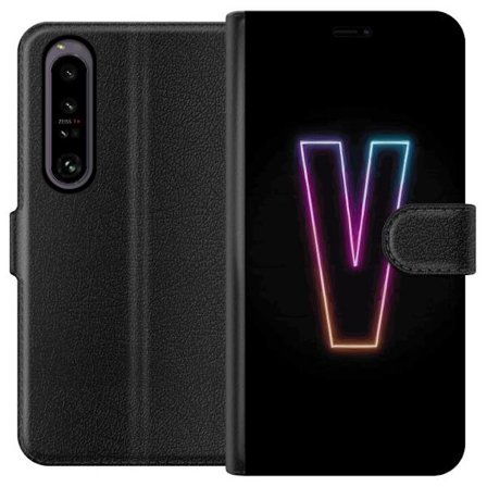Kompatibel Tegnebogsetui til Sony Sony Xperia 1 IV Neonbogstav V i farvegradueret lys mod sort baggrund, minimalistisk design med tydelig glød og mod
