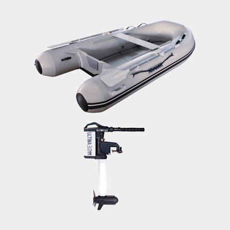Gummibåt / gummijolle med elmotor Aquaquick 360, aluminiumdurk, grå + Haswing Ultima Travel, 3.0 hk, 1030 W, 63 cm rigglängd, med integrerat batteri (