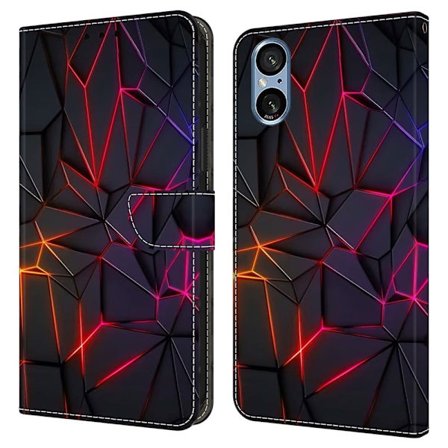 Sony Xperia 5 V Fodral med kortfack Mönster Tryckt Flexibelt+Vegan Läder Flip Telefonskal - Röda Sprickor