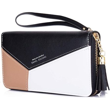 Svart damelommebok med stor kapasitet, damelommebok i PU-skinn