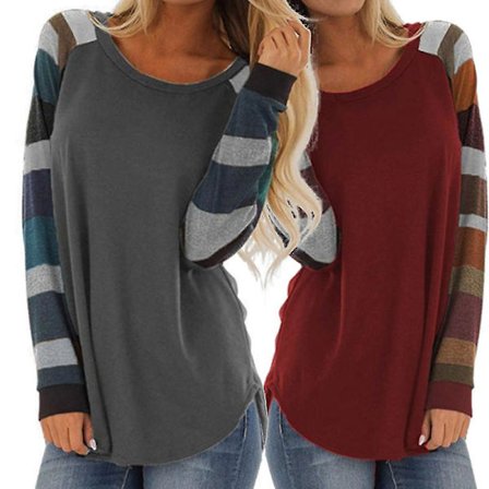 Muodikas naisten T-paita pyöreällä kaula-aukolla, pitkillä raidallisilla hihoilla, rento pusero, t-paita