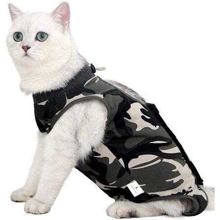 Kissalle tarkoitettu toipumispuku, jossa on nuolemisen esto vatsan haavoille, pehmeät lemmikkivaatteet sisäpuolella, E-kauluksen vaihtoehto lemmikille