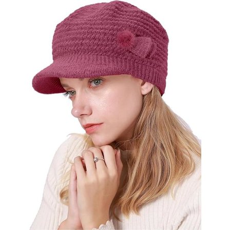 Mössa för kvinnor vintermössor fleecefodrad mössa blommig stickad mössa dam baskermössa med brätte cloche mössor termisk mössa dammössor ull, rosa