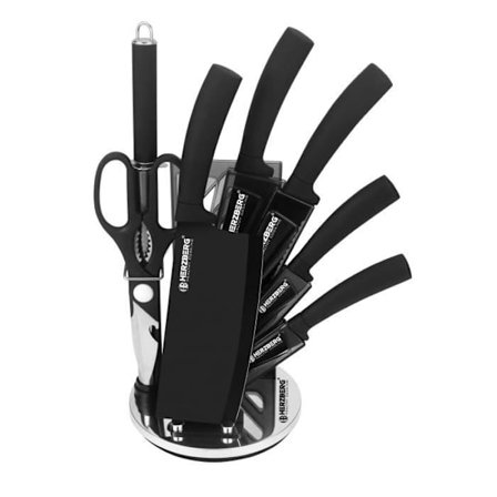 Herzberg HGMSN8BLK 8-delat svart knivset med stativ