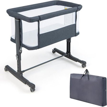 COSTWAY Co-Sleeping Baby Bed med Madrass-5 Justerbar höjd-Belastning 9KG-Andas Mesh Cradle Bed-Resebag-0-6 Months-Grå